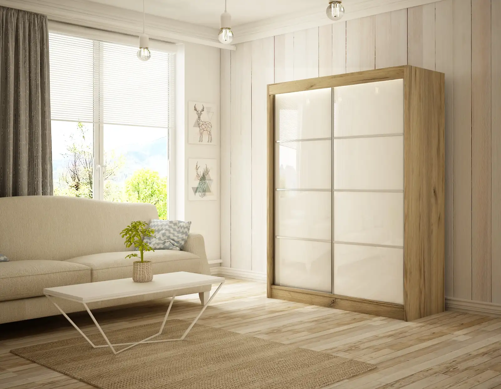 Szafa przesuwna Peak III Dąb Craft złoty K003 + lacobel biały 150 Arton — 2