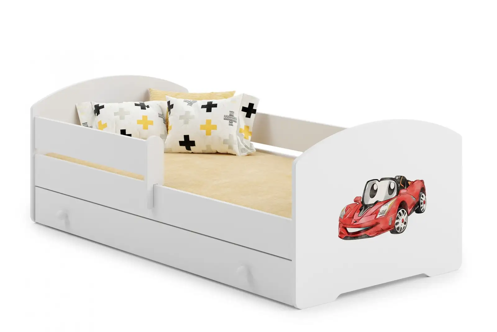 Łóżko z materacem, barierką i szufladą PEPE RED CAR 160x80 — 2