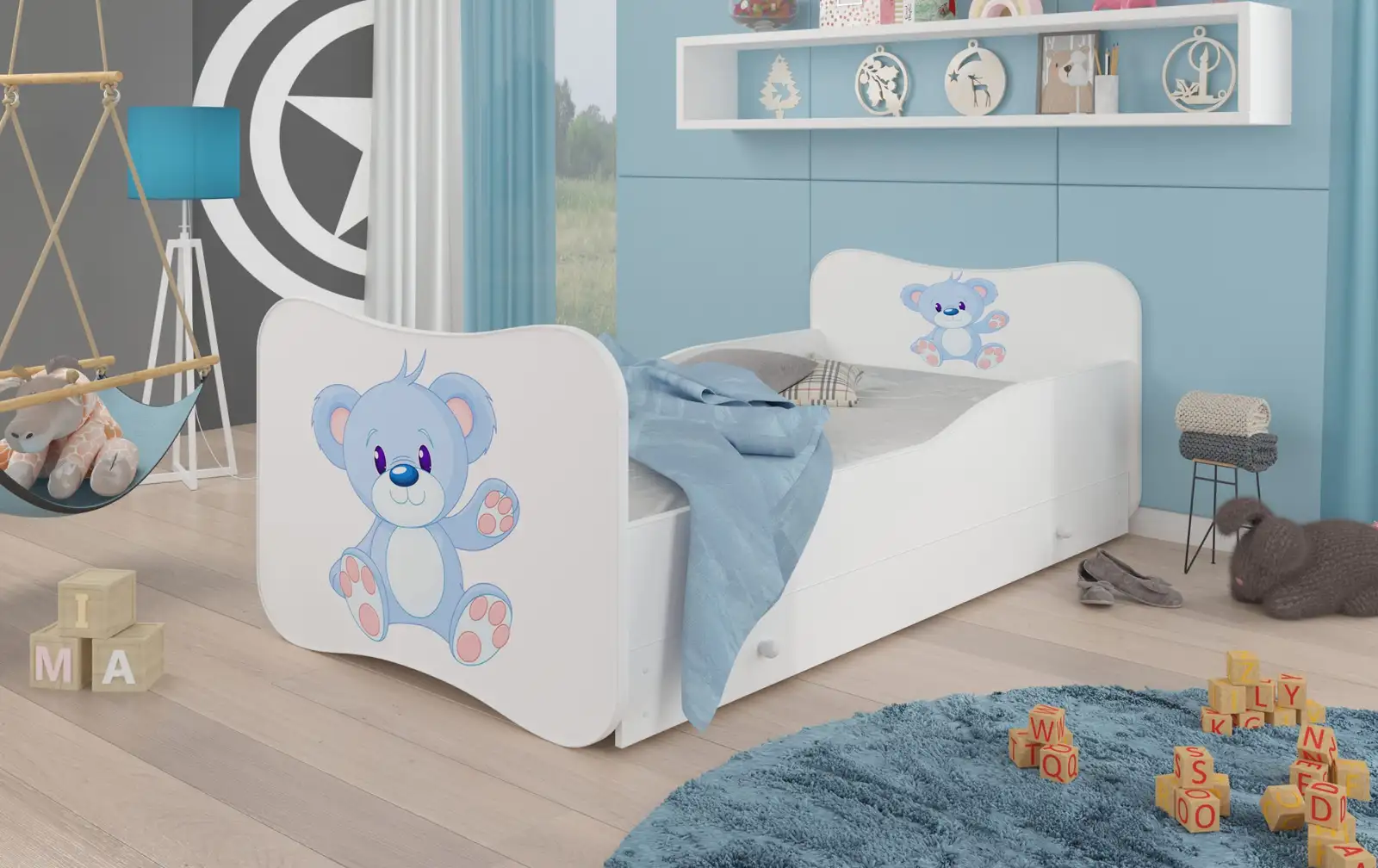 Łóżko z materacem i szufladą GONZALO BLUE BEAR 160x80