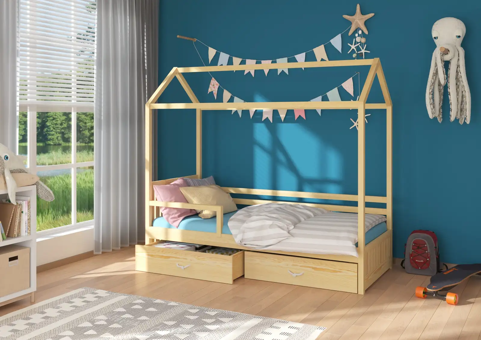 Łóżko domek z barierką i materacem ROSE 200x90