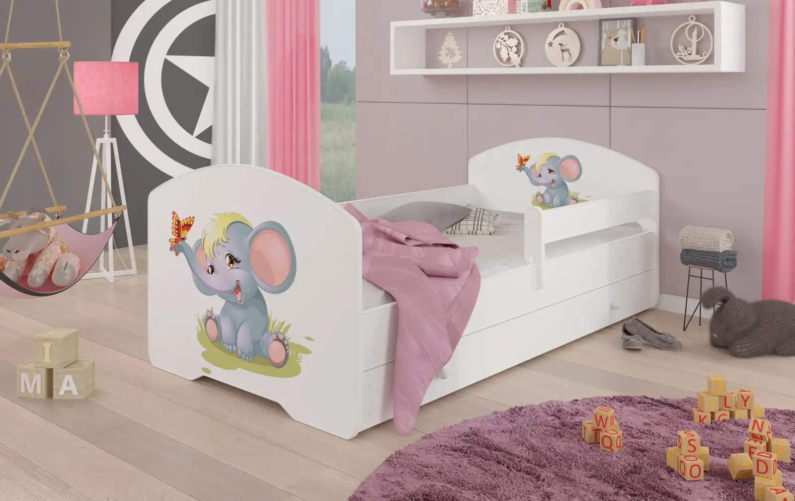 Łóżko z materacem, barierką i szufladą PEPE ELEPHANT 160x80