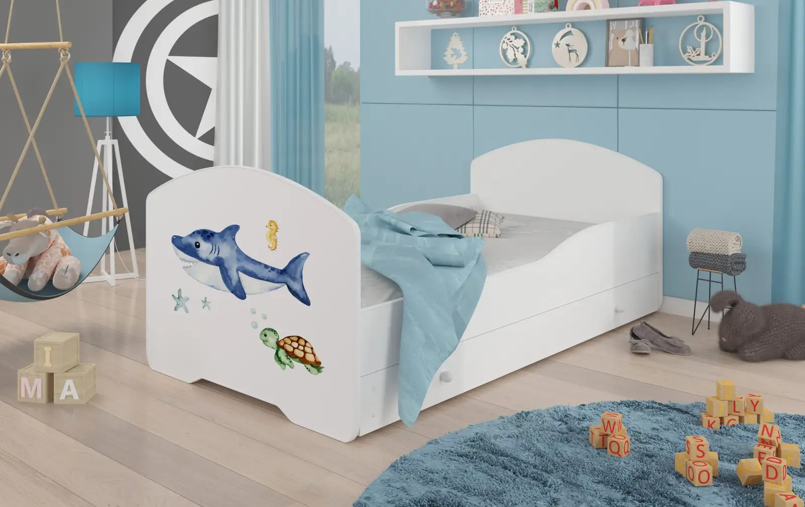 Łóżko z materacem i szufladą PEPE SEA ANIMALS 140x70