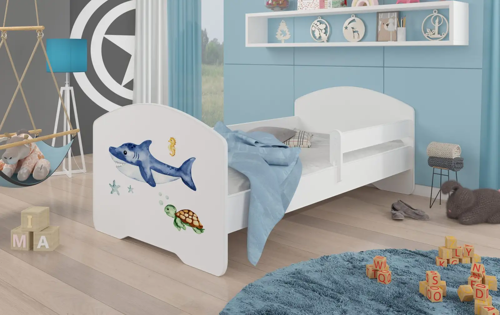 Łóżko z materacem i barierką PEPE SEA ANIMALS 160x80