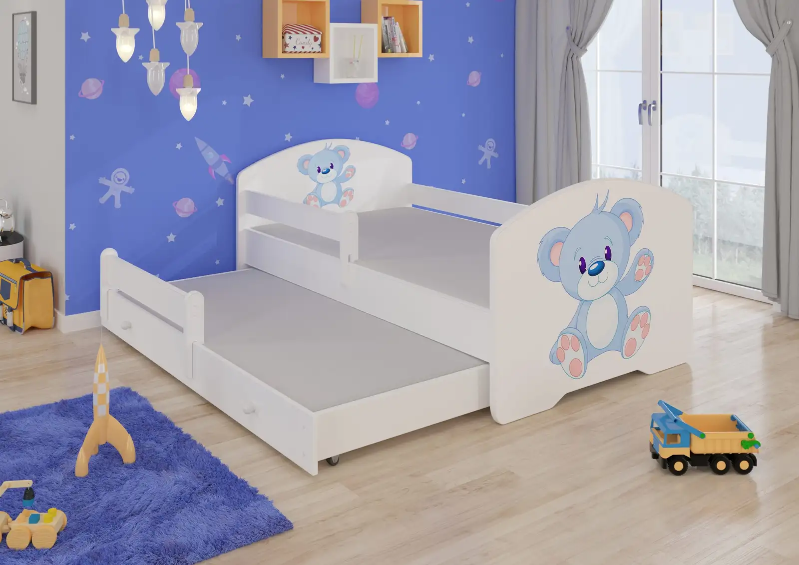 Łóżko podwójne z barierką i materacami PEPE II BLUE BEAR 160x80