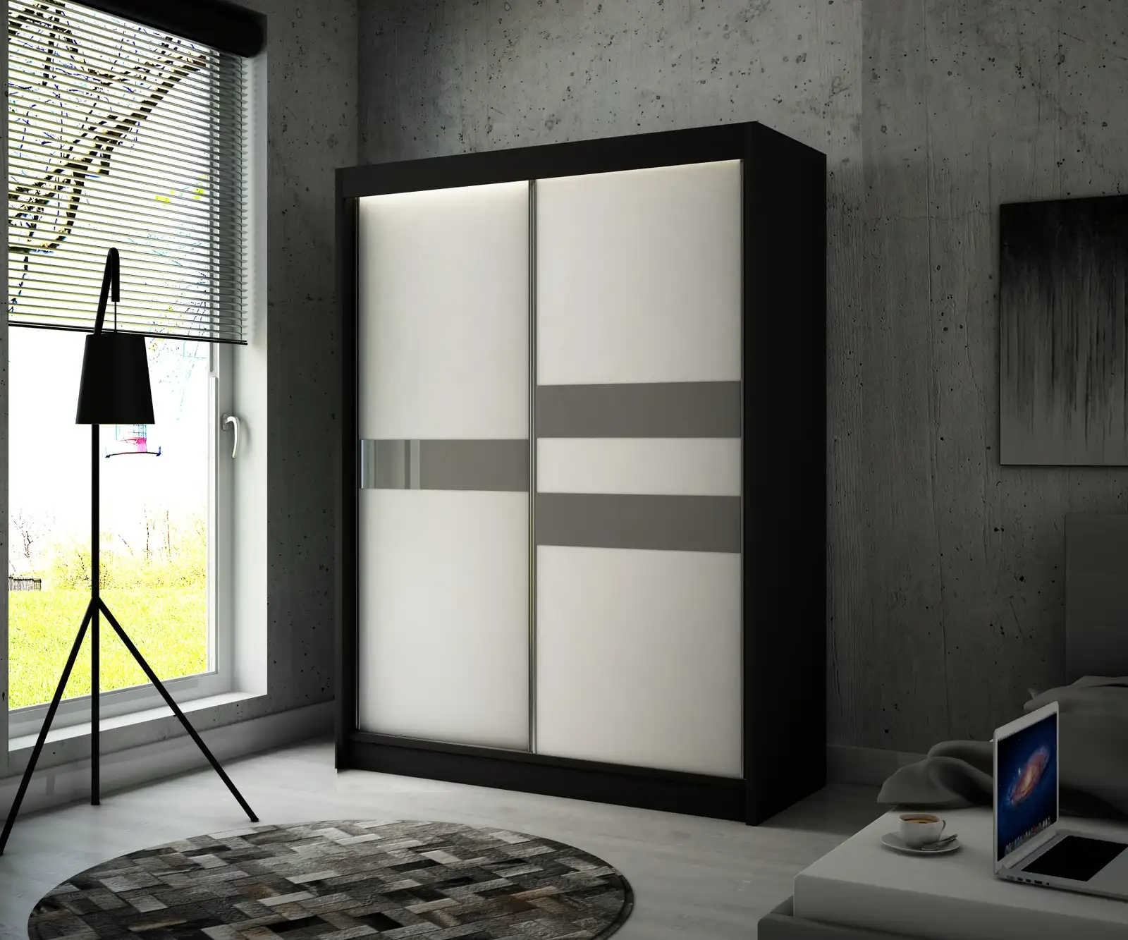 Szafa przesuwna Arrow Czarny + front biały + lacobel szary 200 Arton — 2