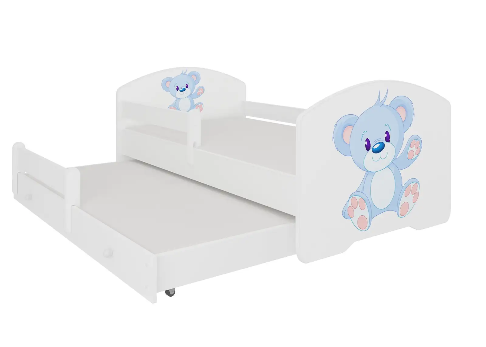 Łóżko podwójne z barierką i materacami PEPE II BLUE BEAR 160x80 — 2