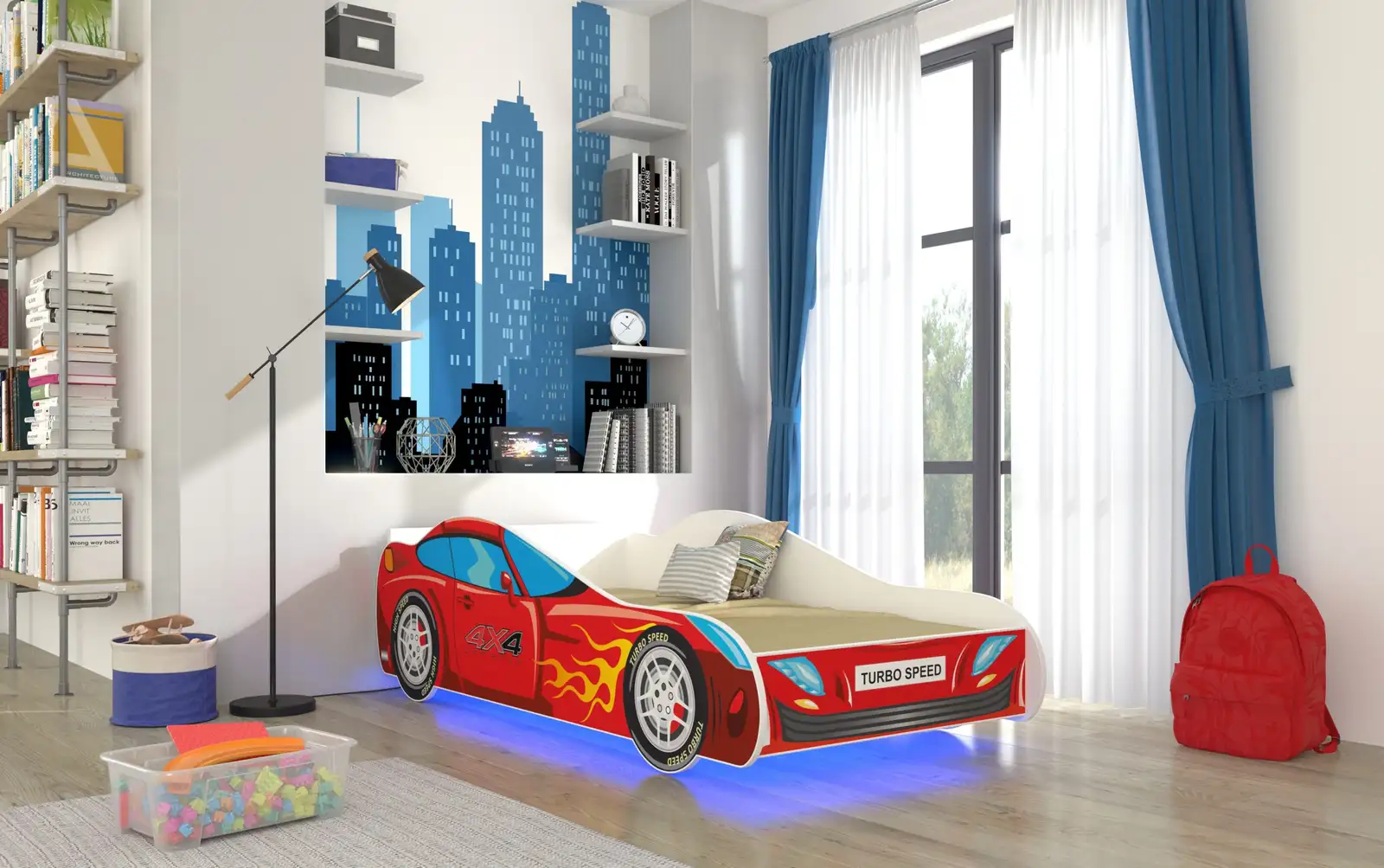 Łóżko z materacem i oświetelniem LED AUTO 4x4 140x70