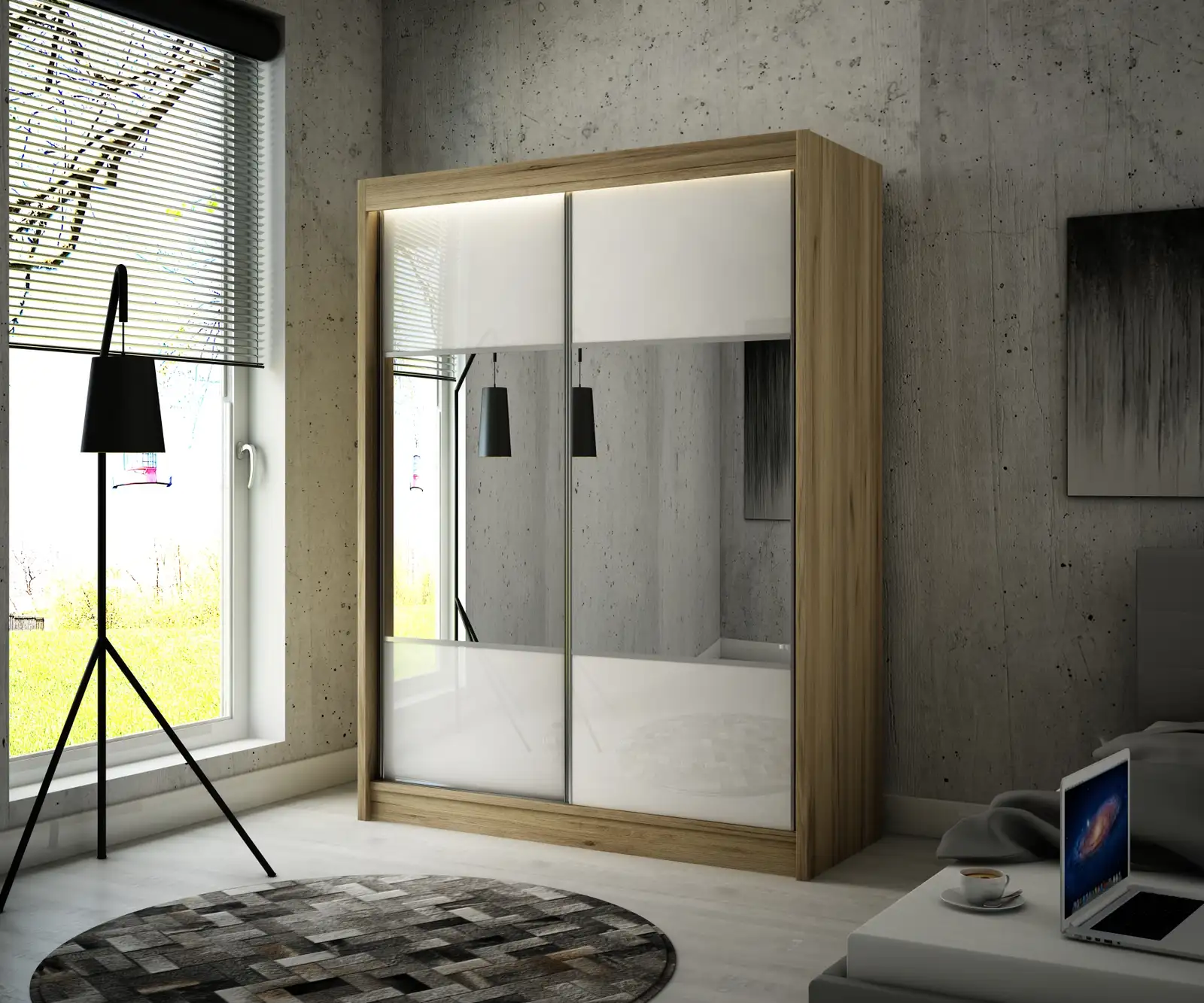 Szafa przesuwna Rico Dąb Craft złoty K003 + lacobel biały 150 Arton — 2