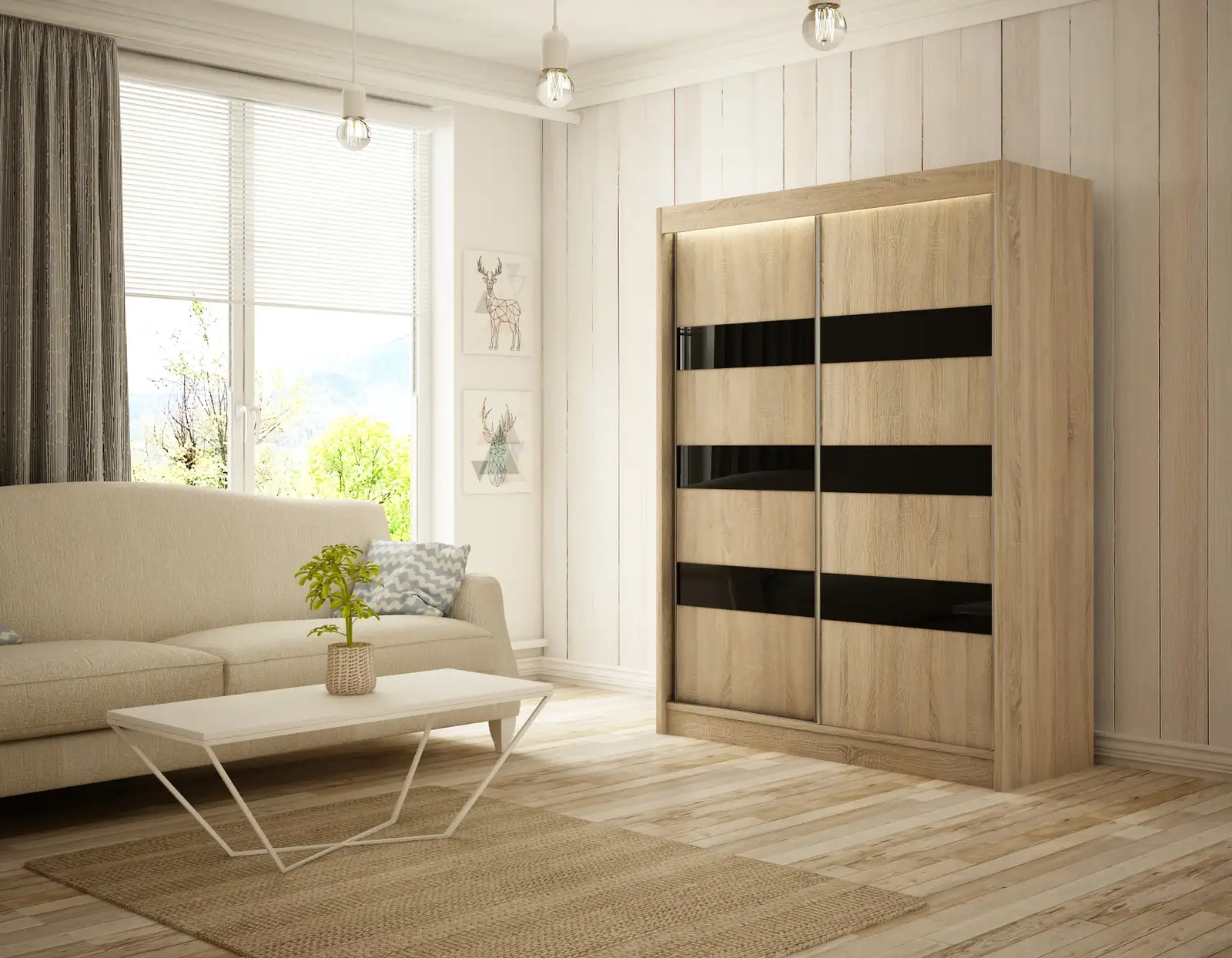 Szafa przesuwna Solit Dąb Sonoma + lacobel czarny 150 Arton