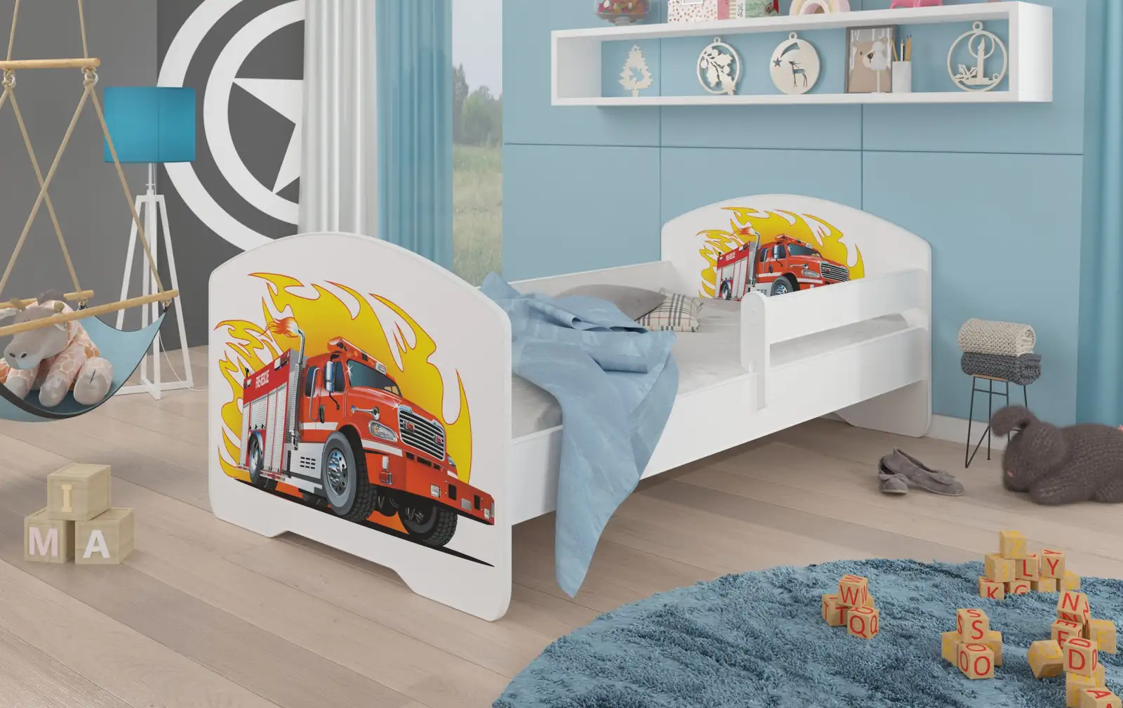 Łóżko z materacem i barierką PEPE FIRE TRUCK 160x80