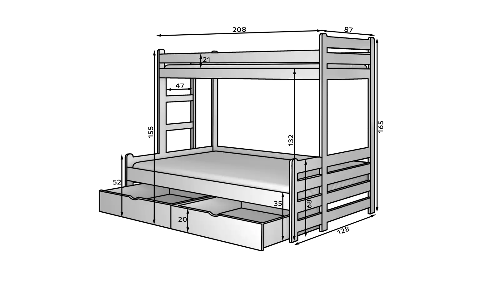 Łóżko piętrowe trzyosobowe z materacami BENITO 200x80 — 3