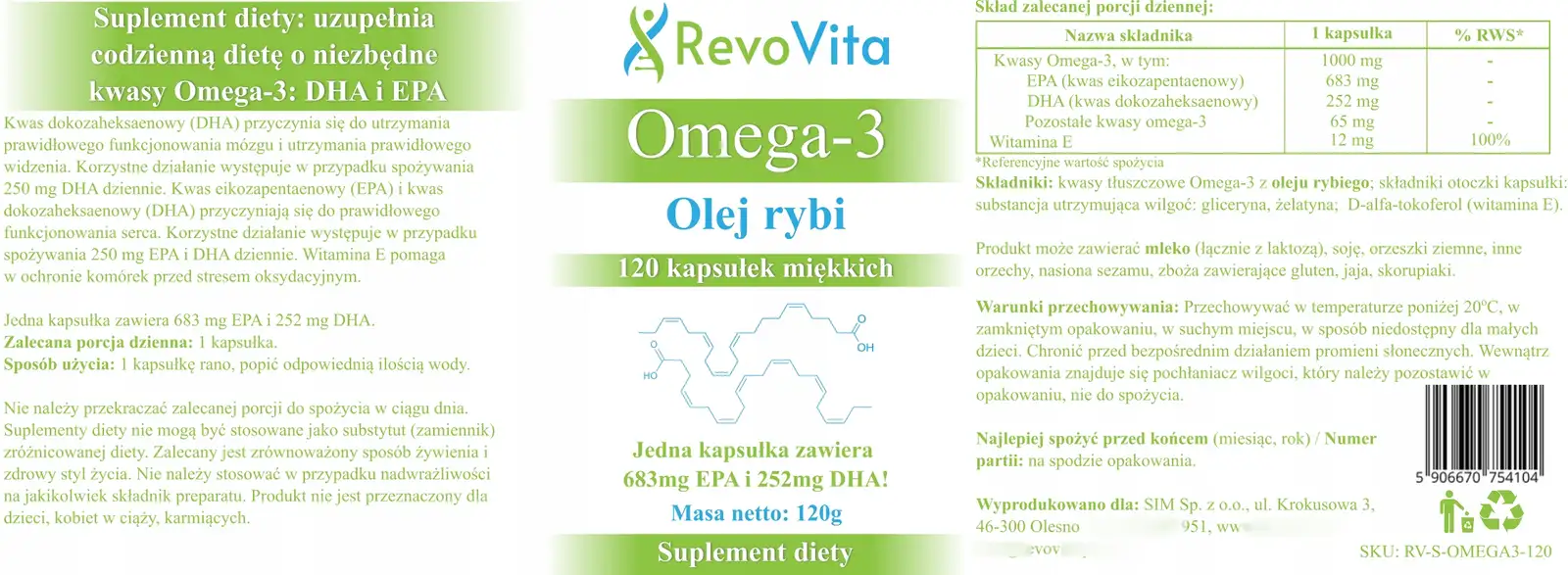 RevoVita Omega 3 Olej rybi 683mg EPA + 252mg DHA w kapsułce, Wit. E,120kaps — 12