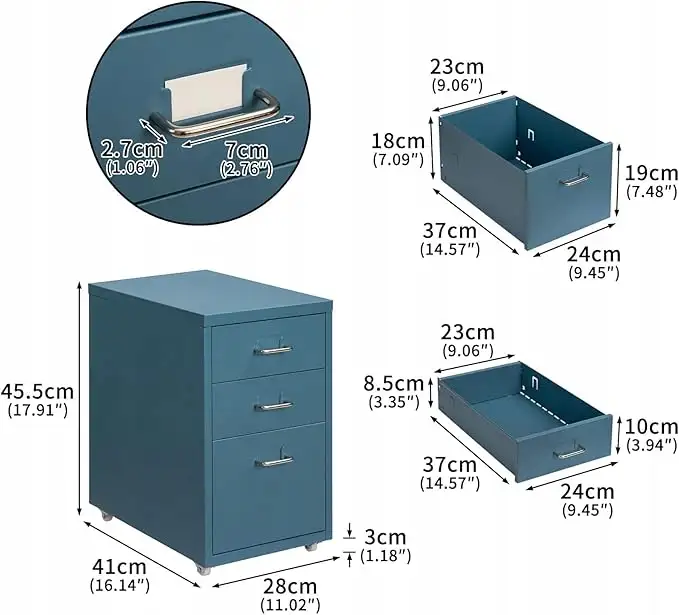 HollyHOME Mobilna szafka na dokumenty z 3 szufladamii 28 x 41 x 66 cm — 5