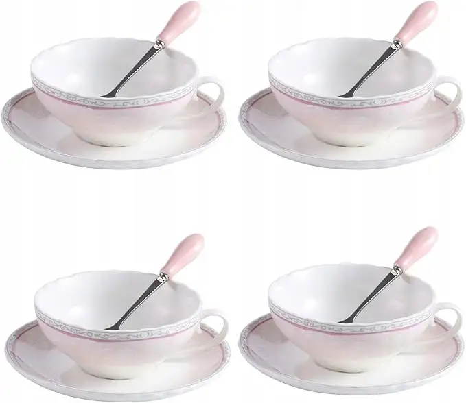 ZESTAW 4 SZTUK PORCELANOWE FILIŻANKI ZE SPODKAMI I ŁYŻECZKĄ ARTVIGOR 200 ML