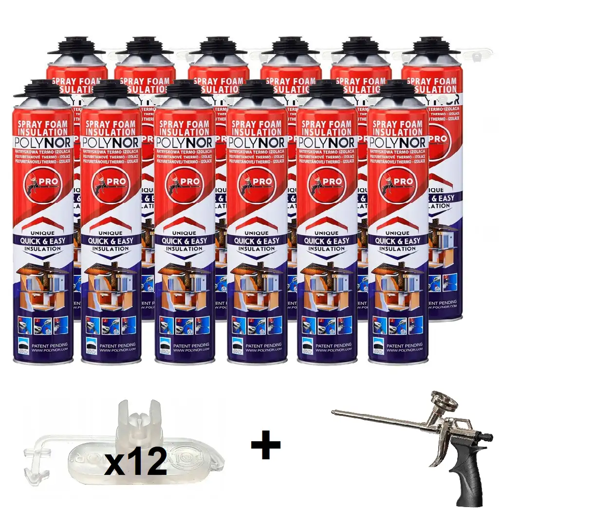 POLYNOR PRO 750ml PUR Sprühisolierung Dämmschaum (Pistole) 12 Stk + Pistole
