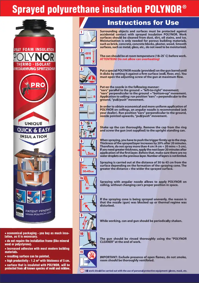 POLYNOR PRO 12x750ml (set 29 pcs) closed cell can PUR spray insulation foam kit — 3