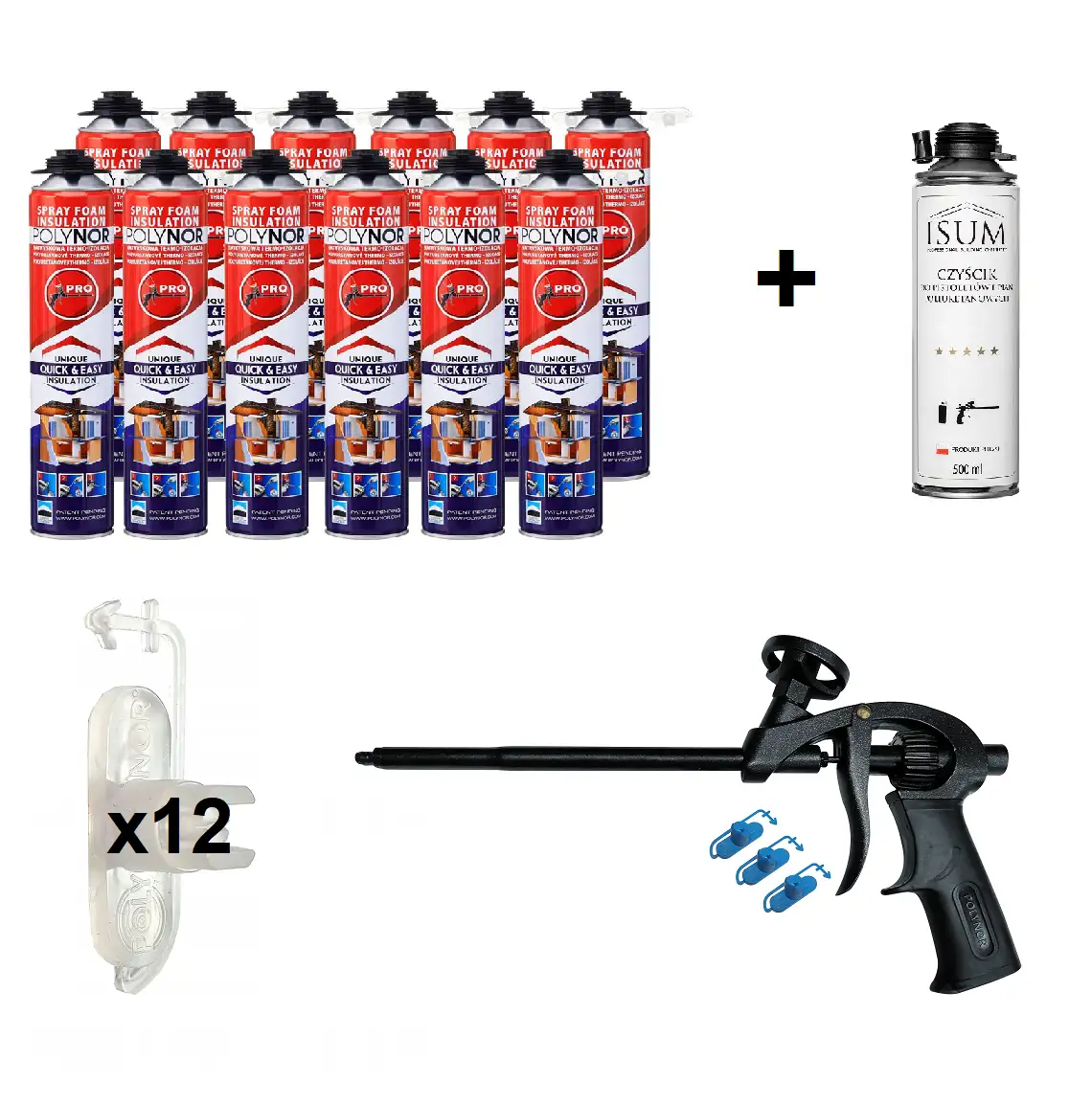 POLYNOR PRO 12x750ml (set 29 pcs) closed cell can PUR spray insulation foam kit